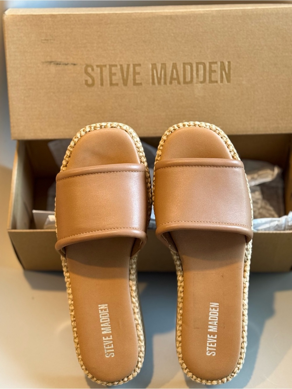 Steve Madden Tan Leather Boardwalk Slide Sandals